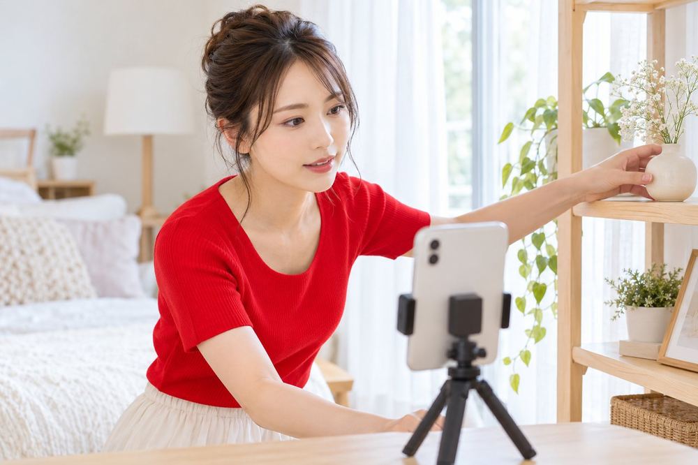 女性が部屋の中で、スマホのカメラに映る背景を確かめながら、窓や棚の位置を直している