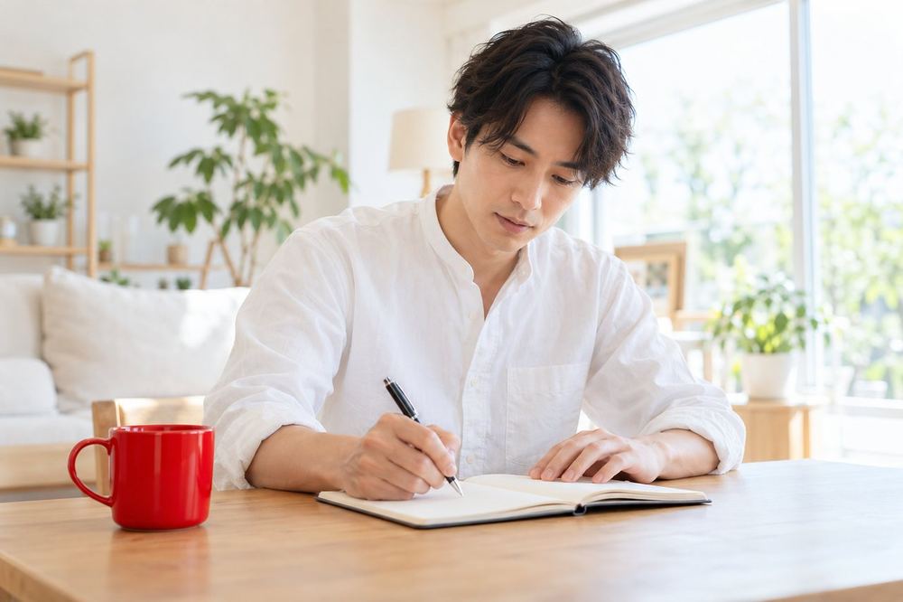 男性がテーブルの上にノートを広げて、配信で映りそうなものを書き出して確かめている
