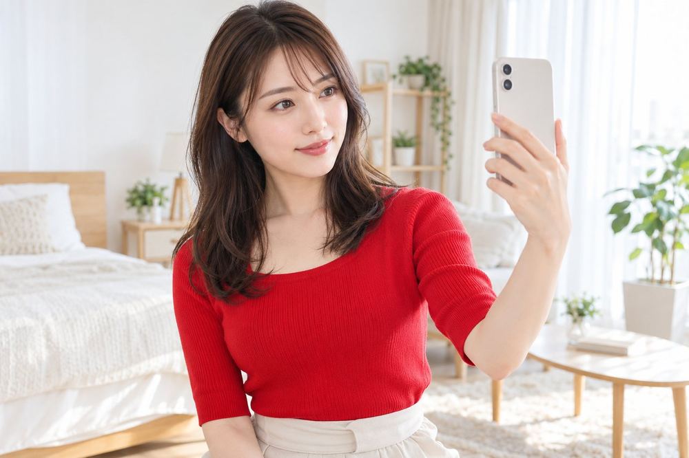 女性が配信前に、スマホの画面に映る部屋の背景をぐるりと確かめている