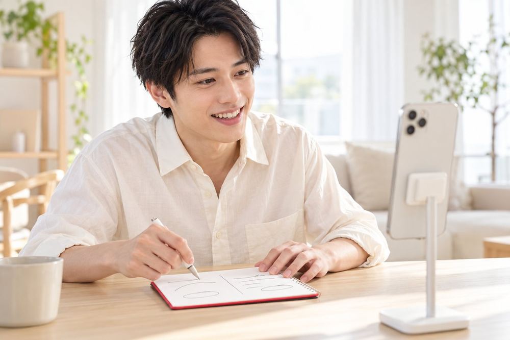 男性がスマホに向かって笑顔で話しながら、手元のメモで話す内容の線引きを確かめている