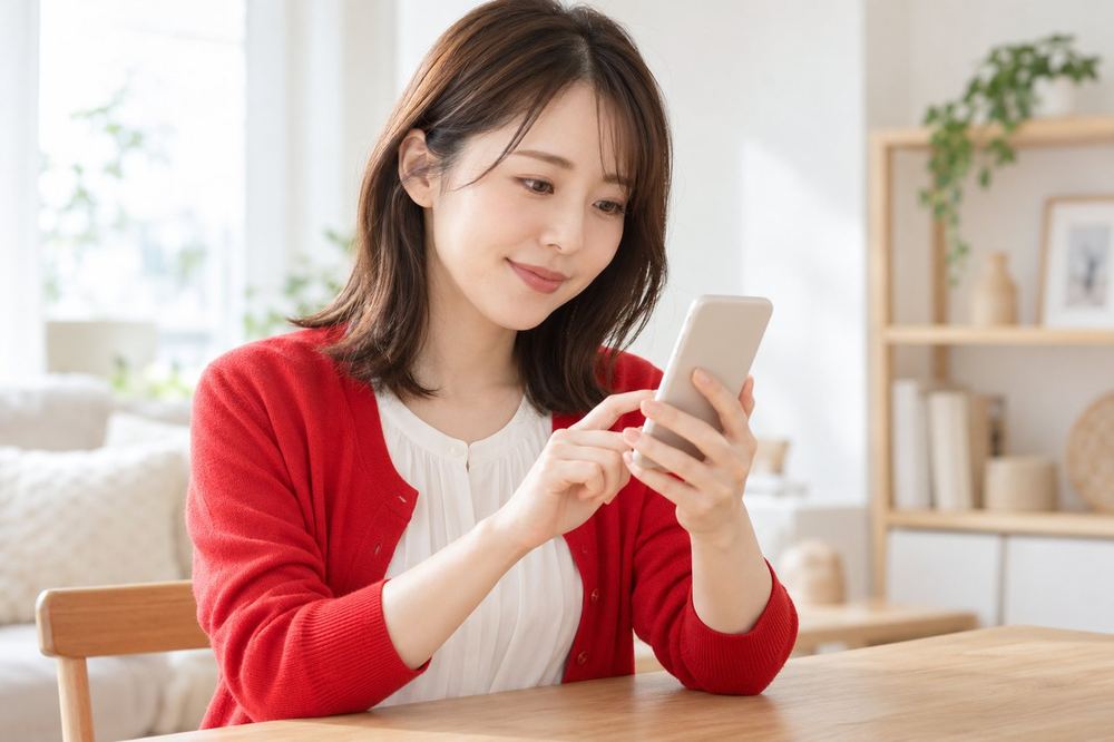 女性がスマホの配信画面で、コメントの設定を確かめながら落ち着いて操作している