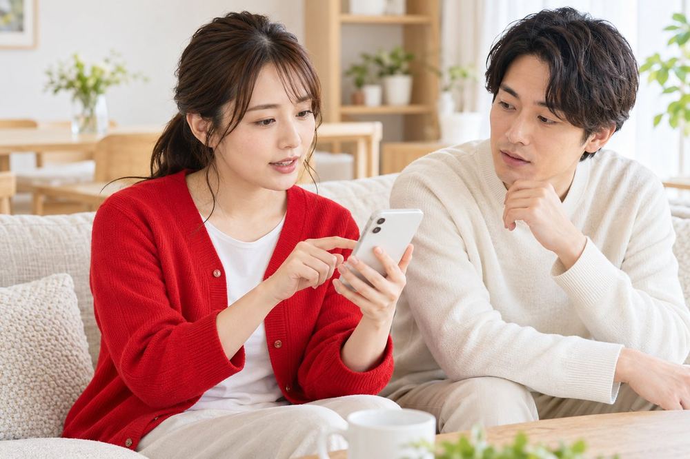 女性が自宅で落ち着いてスマホの画面を保存しながら、家族に状況を話している