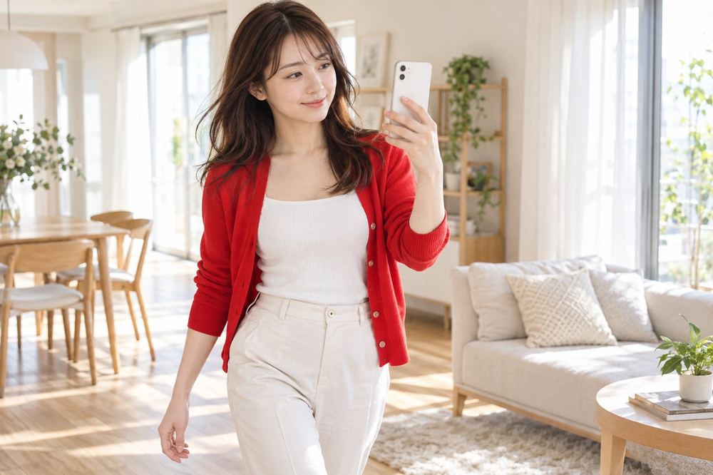 女性が部屋の中で、スマホのカメラに映る自分の顔を見ながら、明るさが変わる場所を探して歩いている