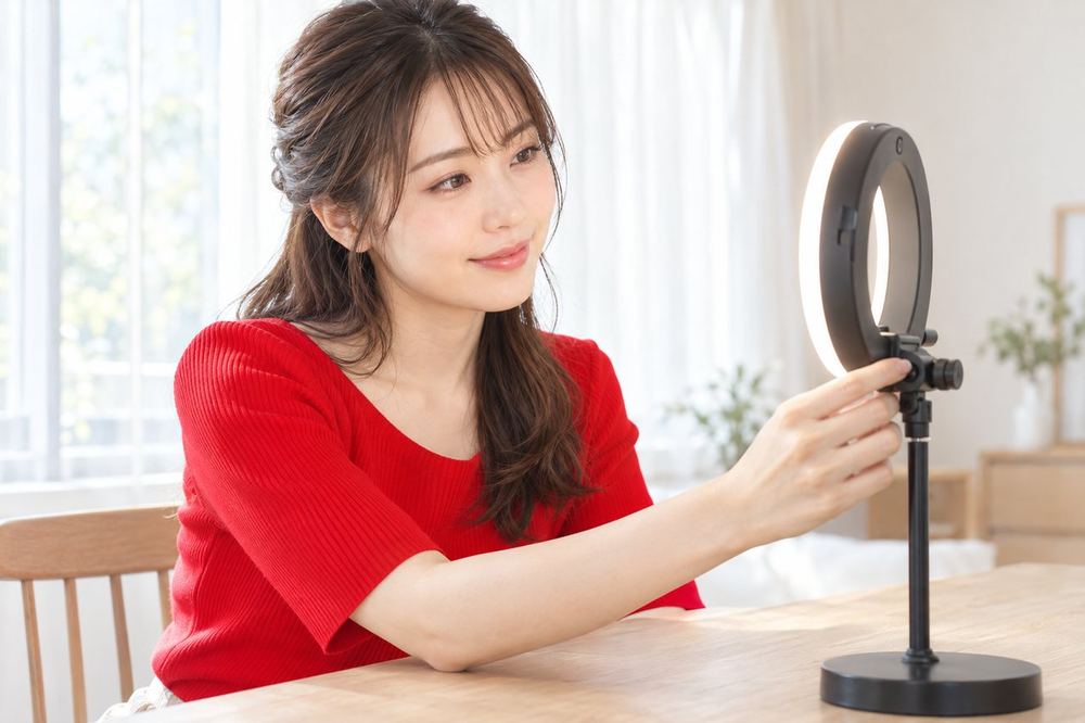 女性が窓際に座り、顔の正面に小さなリングライトを置いて、光の向きを少しずつ変えている