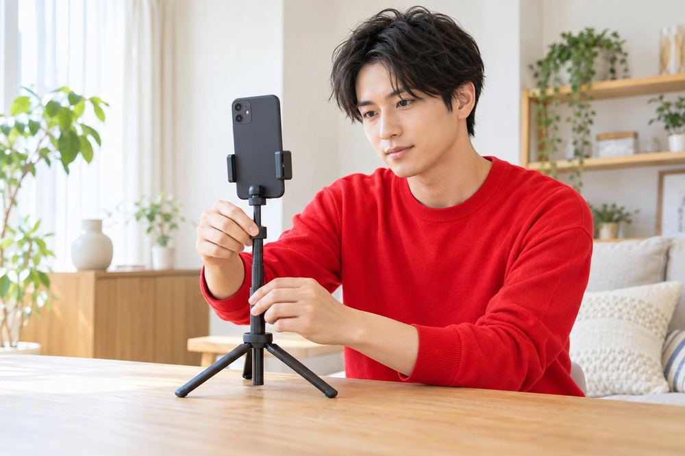 男性がテーブルの上に小さな三脚を立て、スマホの高さを自分の目の高さに合わせて調整している