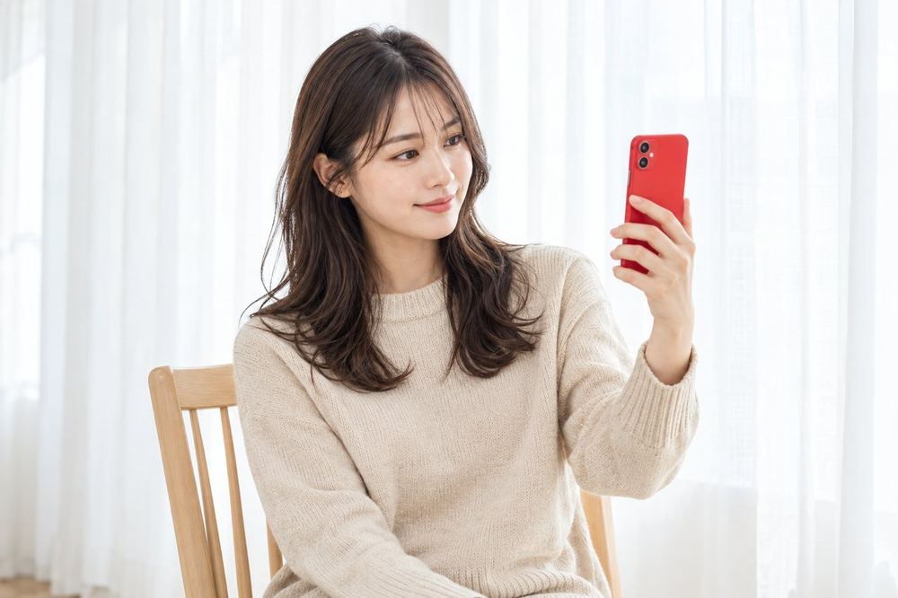 女性が白いカーテンの前に椅子を置き、無地のセーターを着て、スマホの画面で背景の見え方を確かめている