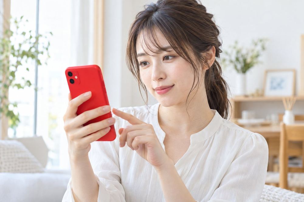 女性がスマホの配信準備画面で、美肌の強さを少しずつ変えながら、自分の顔の見え方を確かめている