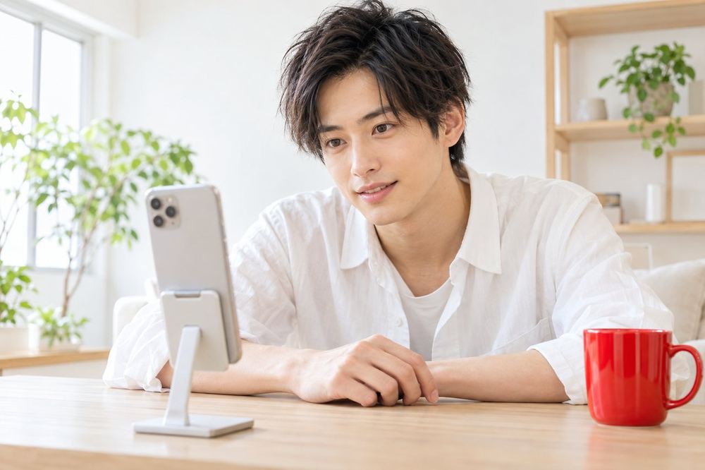 男性がスマホを自分の前に立てかけ、配信前に画面に映る顔と背景を、順番に確認している