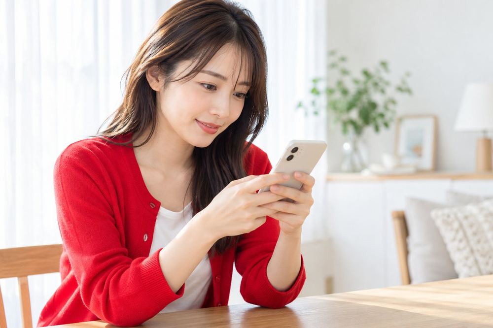 女性がスマホでメッセージを打ちながら、配信の映り方について、オンラインで相談している