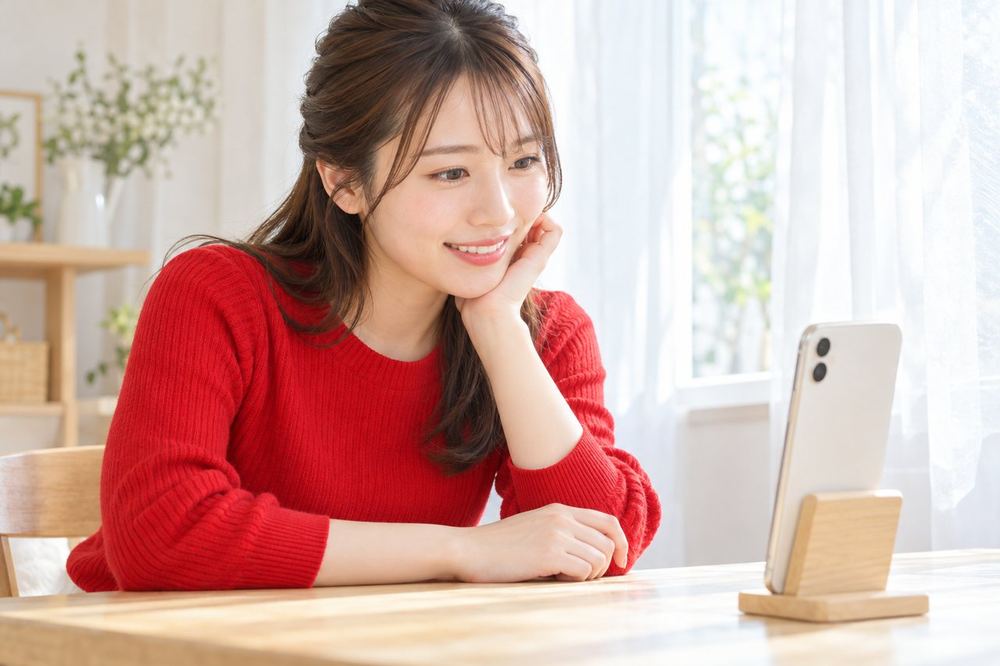 20代の女性が窓際でスマホを自撮りの向きに立て、画面に映る自分の表情と背景の見え方を確かめている
