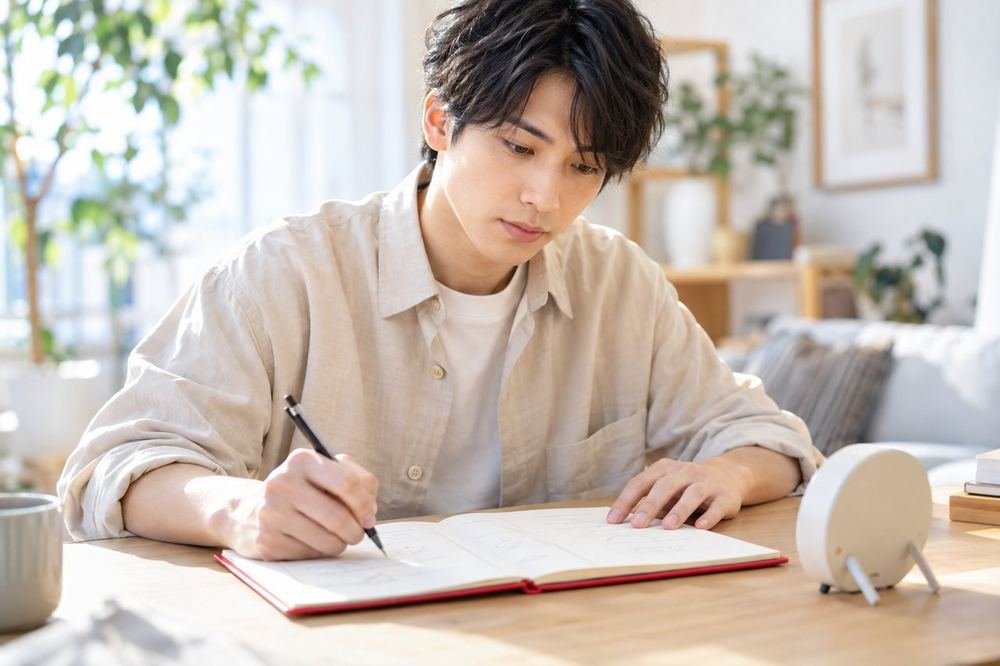 20代の男性が机でタイマーを横に置き、配信の流れを前半・中盤・後半に分けてノートに書き出している