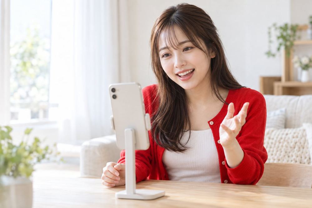 20代の女性がスマホの画面に流れるコメントを読みながら、笑顔でカメラに向かって質問を返している