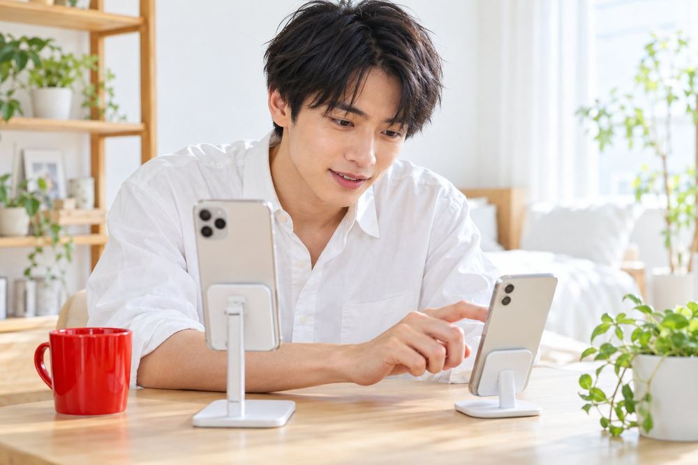 20代の男性が机に二台のスマホを置き、一台を配信用、もう一台を視聴者の画面の確認用にして機能を試している
