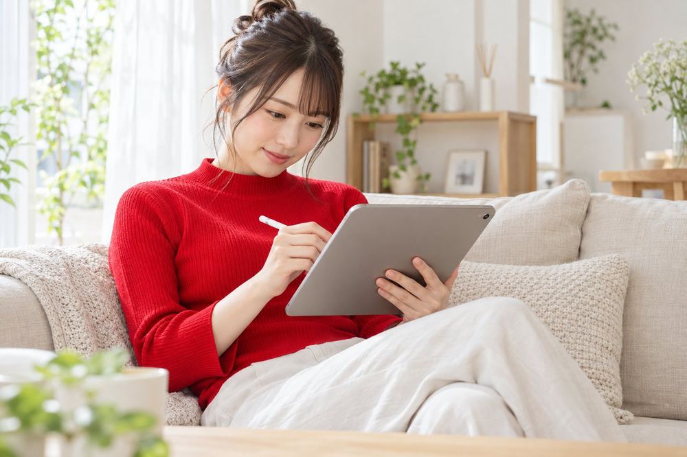 20代の女性が配信後に自室のソファでタブレットの録画を見返し、反応が良かった場面に印をつけている