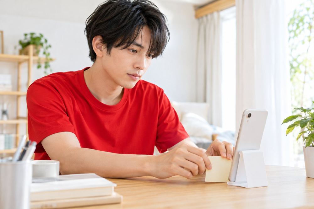 20代の男性が部屋の机で、配信でやらないことを書いた小さなメモをスマホスタンドの横に貼っている
