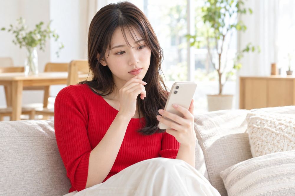 明るい部屋のソファで、スマホのLIVE画面を見比べながら考え込んでいる20代の女性