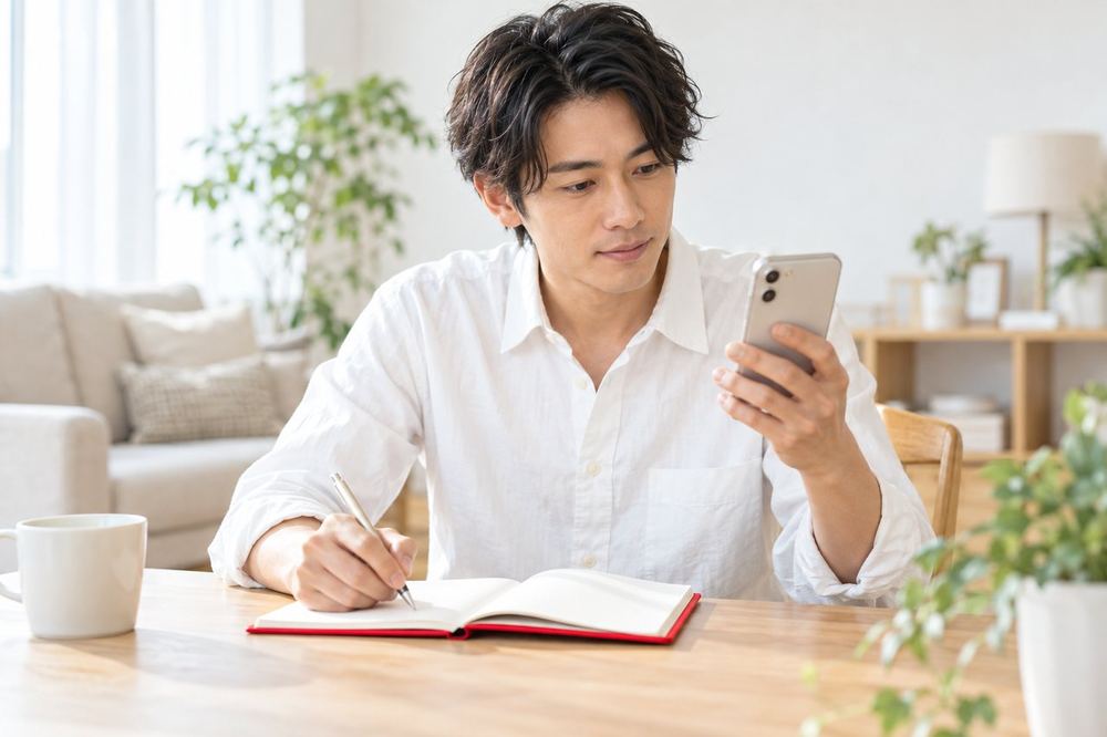 机でノートに要素を書き出しながら、スマホのヘルプ画面を読んでいる男性