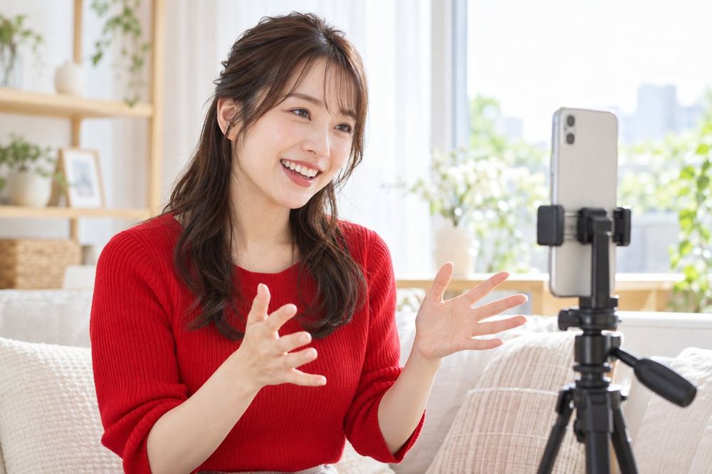 窓際で三脚に立てたスマホに向かって、笑顔で話しかけながら配信している女性