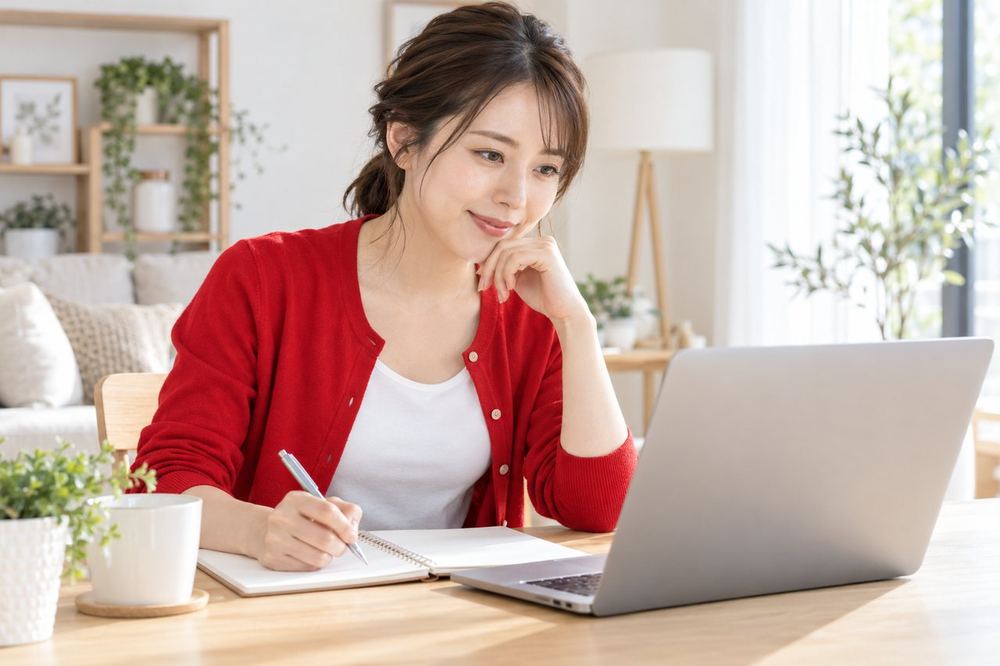 ノートパソコンで配信の録画を再生し、メモを取りながら見直している女性