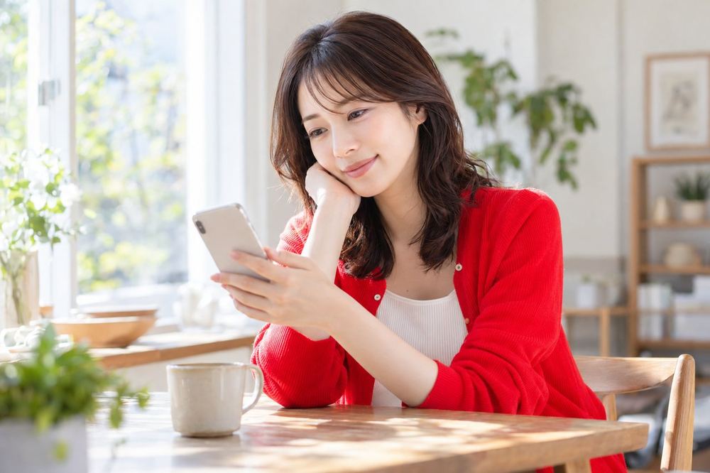 女性が窓際の席で、スマホの画面を見ながら宣伝の方法を調べている