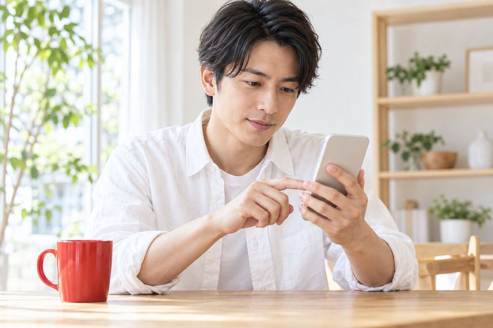 男性がテーブルでスマホのプロモート画面を開き、条件の一覧を指でなぞって確かめている