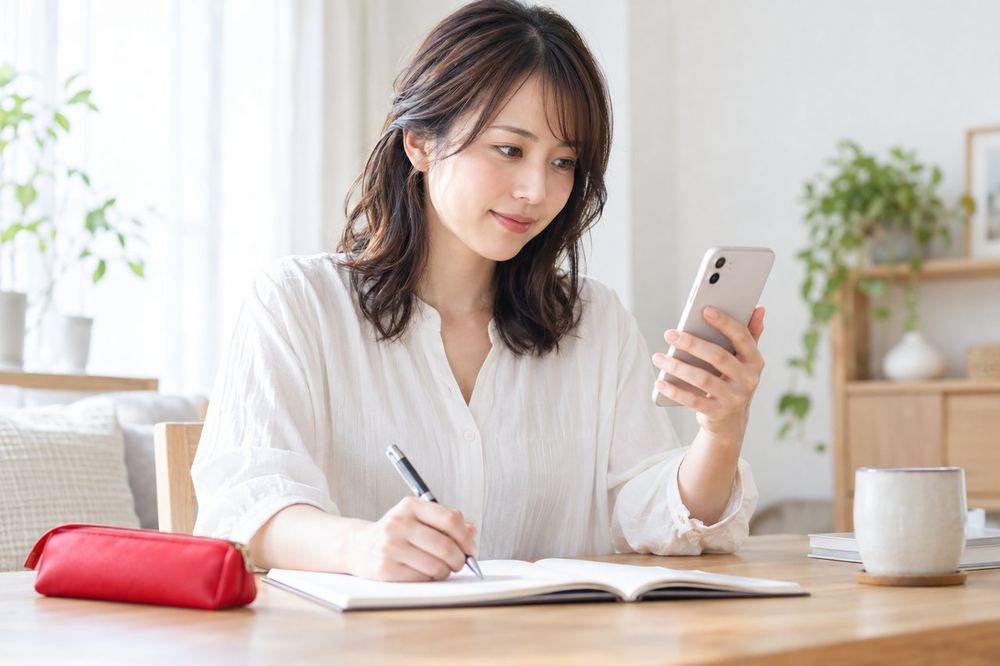 女性が机でノートに予算の上限を書き込み、スマホの数字と見比べている