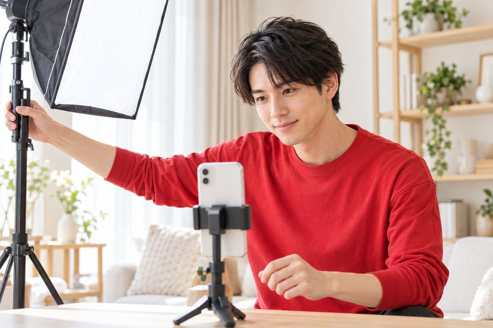 男性が配信スペースで、ライトの位置と背景を整えながらスマホの映りを確かめている