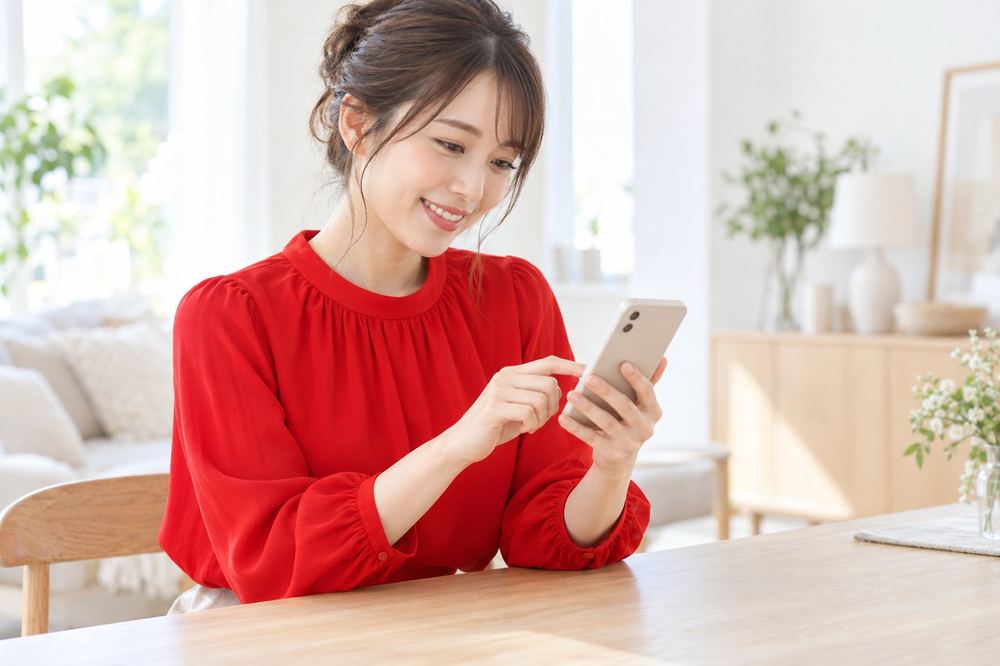 女性がスマホで配信予定の画面を設定しながら、笑顔で次の配信を楽しみにしている