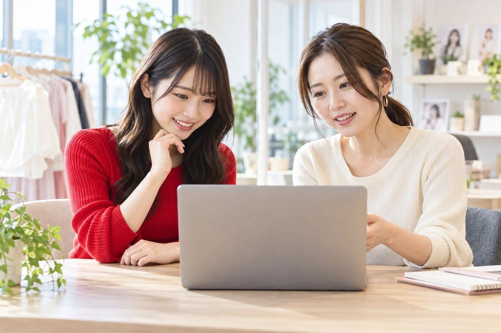 女性がマネージャーと並んで画面を見ながら、配信の予定と宣伝の進め方を相談している