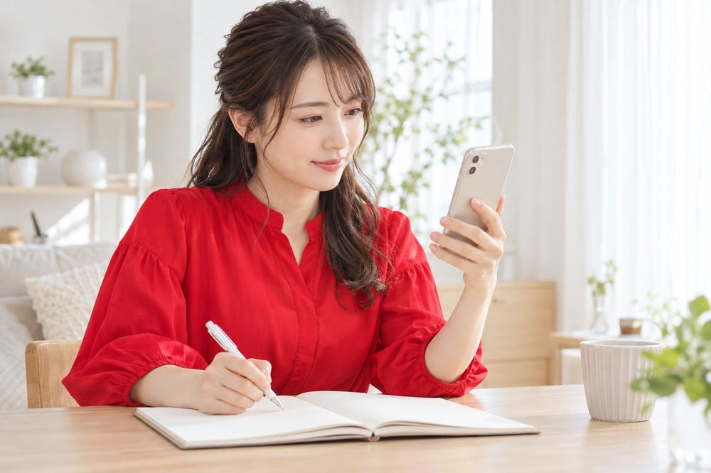 女性が明るい部屋の机で、スマホのLIVE画面を見ながら、目指すランキングの名前をノートに書き出している