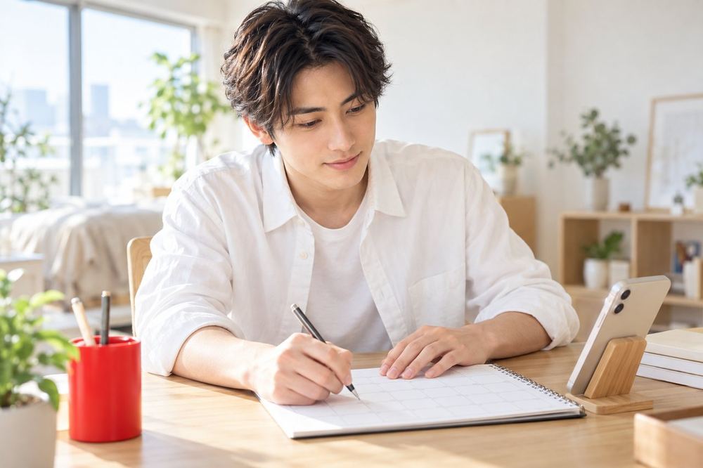 男性が机でスマホとカレンダーを並べ、配信する日と目標のリーグを書き込んでいる