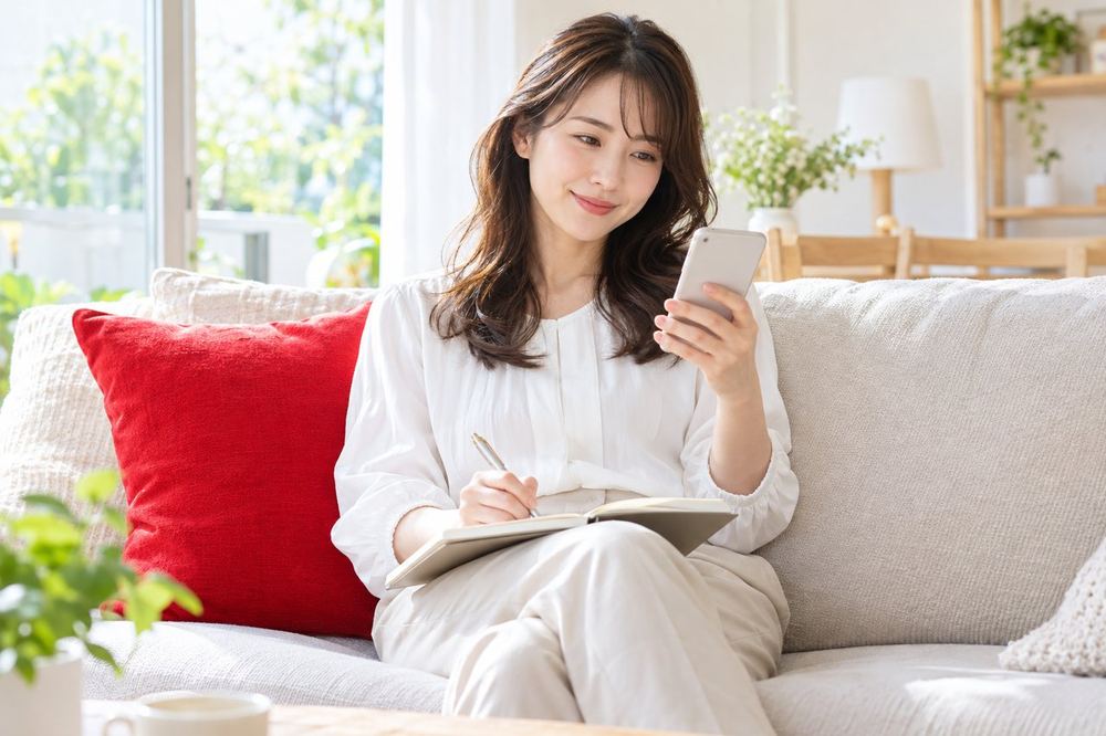 女性がソファに座り、スマホに映った常連の視聴者の名前を見ながら、次の配信で話すことをメモしている
