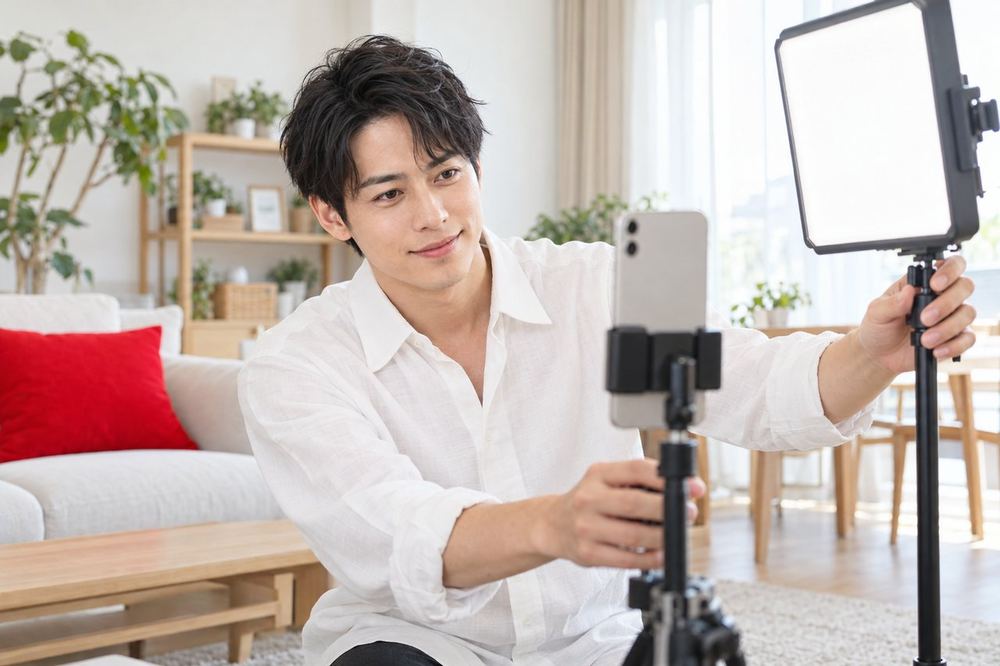 男性が部屋の背景を整え、ライトの位置を調整してスマホの映りを確かめている