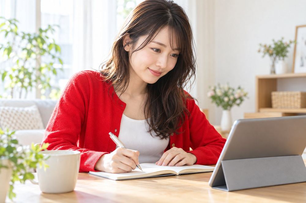 女性がタブレットで配信後の数字を見ながら、気づいたことを一行ずつノートに書き留めている
