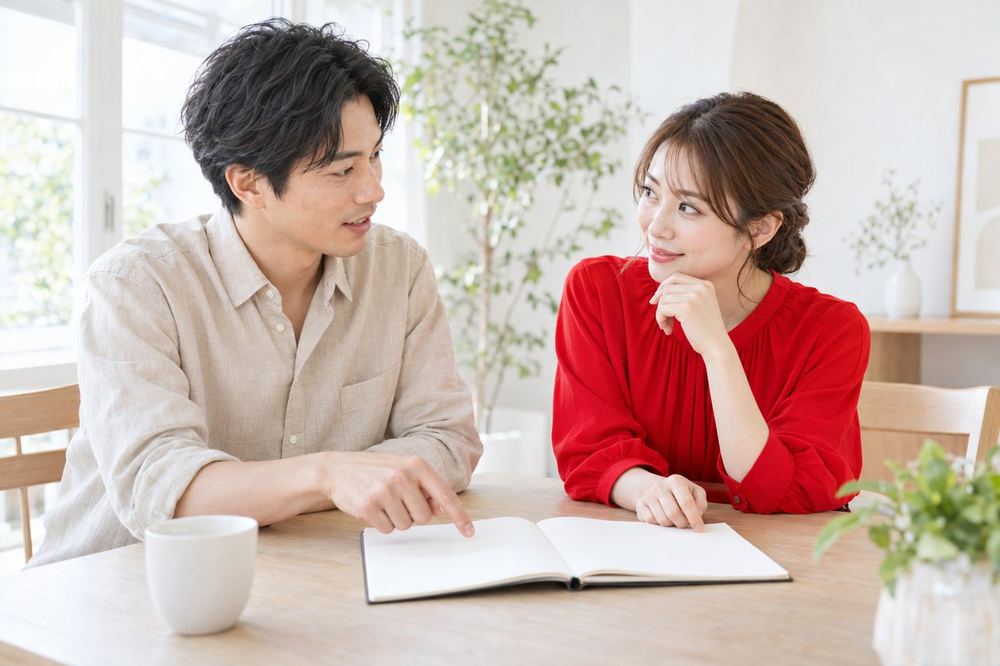男性と女性が向かい合って座り、配信での声のかけ方についてノートを見ながら話し合っている