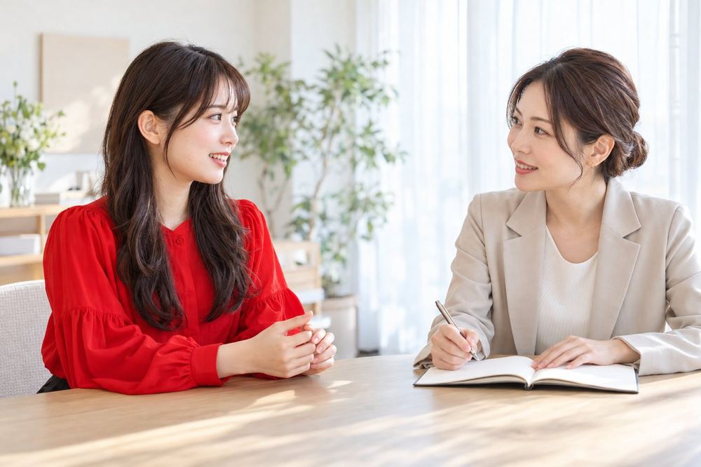 女性が明るい部屋で、マネージャーと向かい合い、次の配信の目標について話している