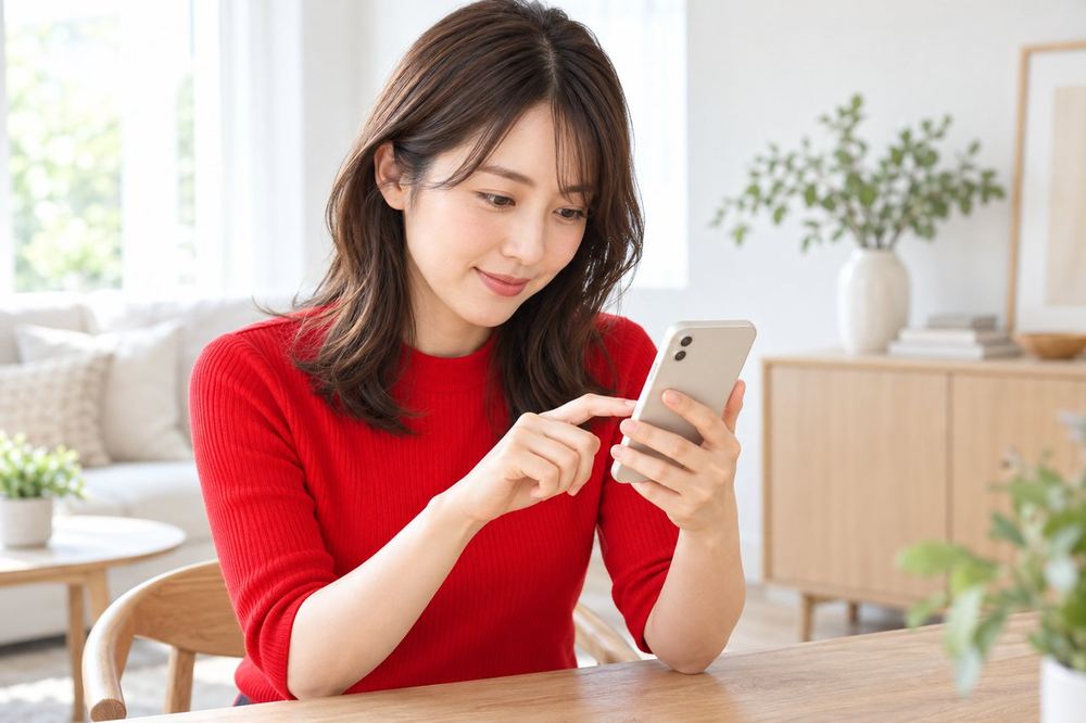 女性がスマホを手に、LIVEの設定画面を上から順に見て項目を探している