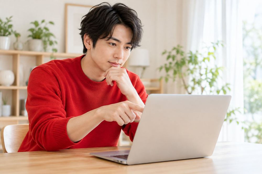 男性がノートパソコンの前で、画面の数字を指さしながら内容を整理している