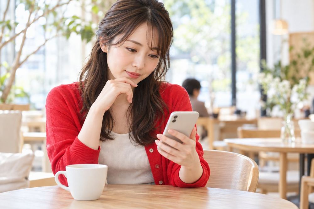 女性がカフェのテーブルで、スマホのイベント一覧を見ながら参加するかを考えている