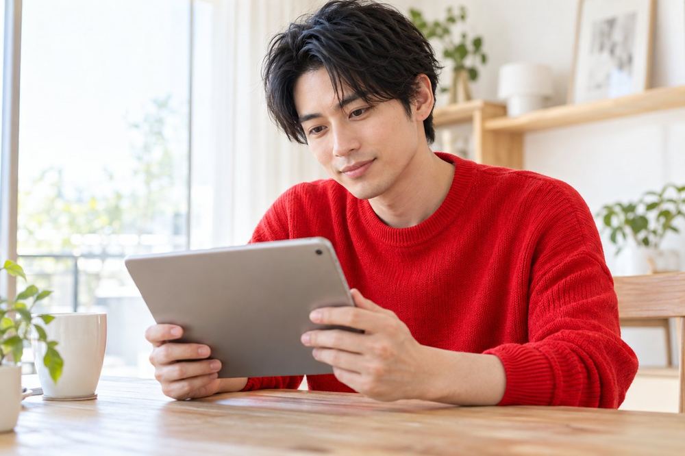男性がタブレットを手に、配信後の数字の画面を落ち着いて見返している
