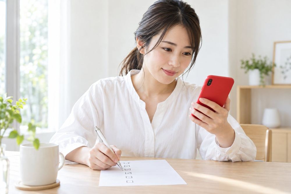 女性がデスクでスマホの画面を見ながら、チェックリストの順に項目を確かめている