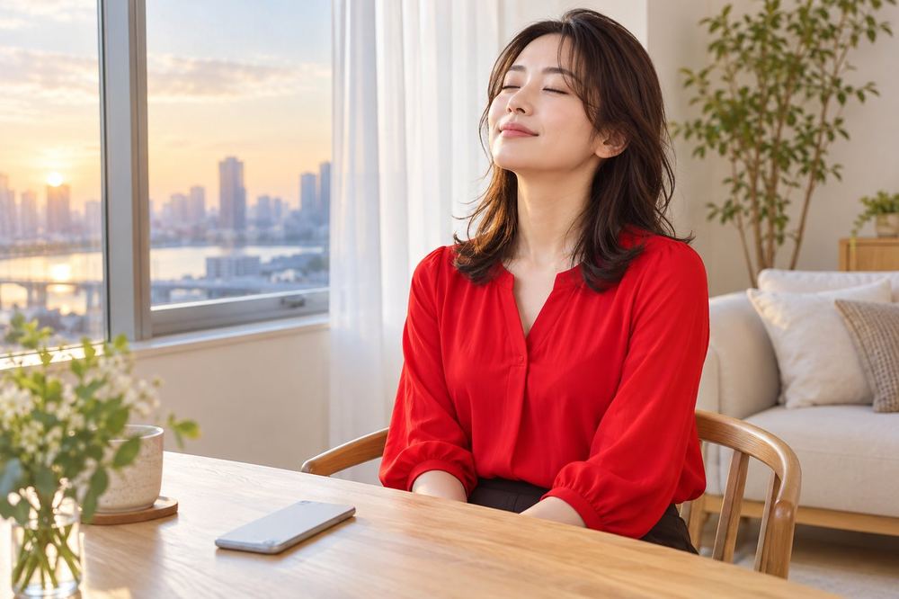 女性が夕方の窓辺でスマホを置き、ゆっくりと深呼吸して気持ちを落ち着けている