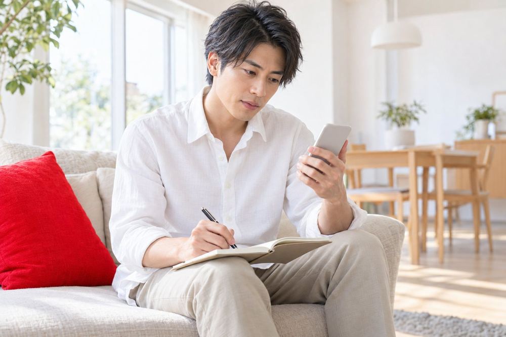 男性がソファに座り、スマホを見ながら、配信の視聴時間と応援してくれる人の関係をノートに書き出している