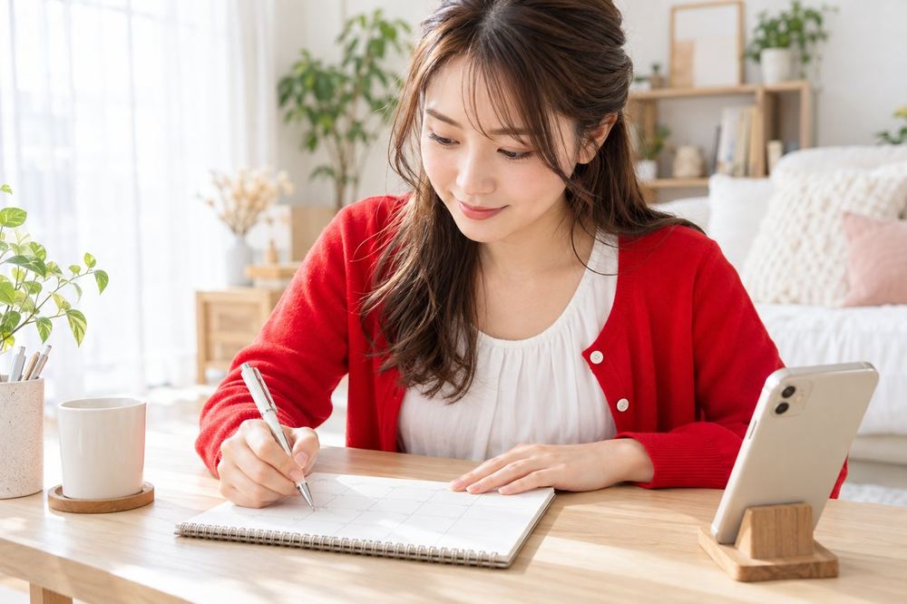 女性が机の上のカレンダーとスマホを並べ、毎日の配信の予定を一日ずつ書き込んでいる