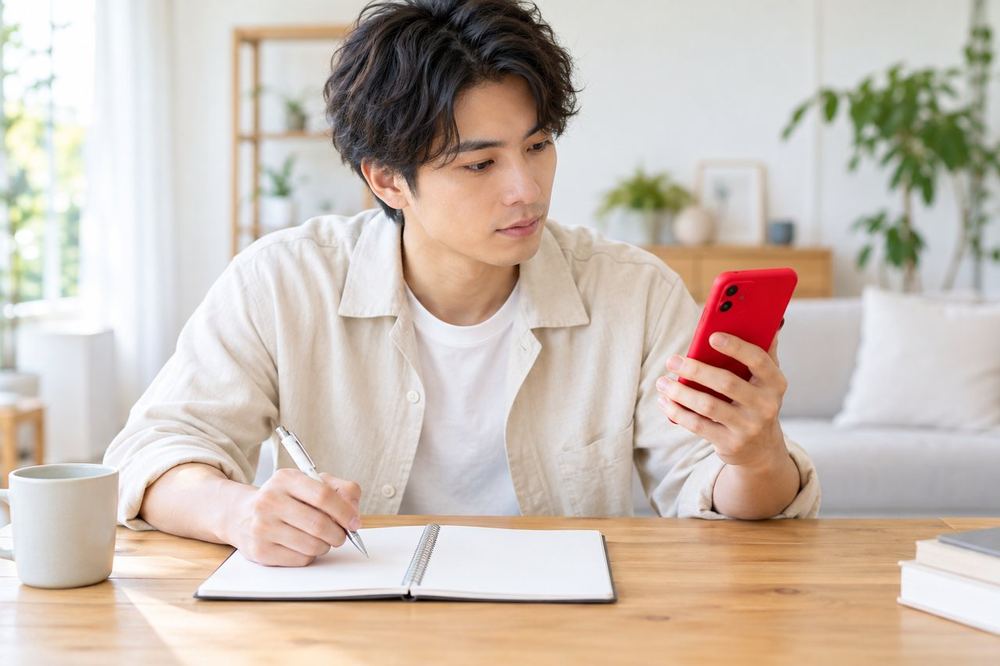 男性がテーブルでスマホのイベント画面を開き、参加できそうなイベントの内容を確かめながらメモを取っている