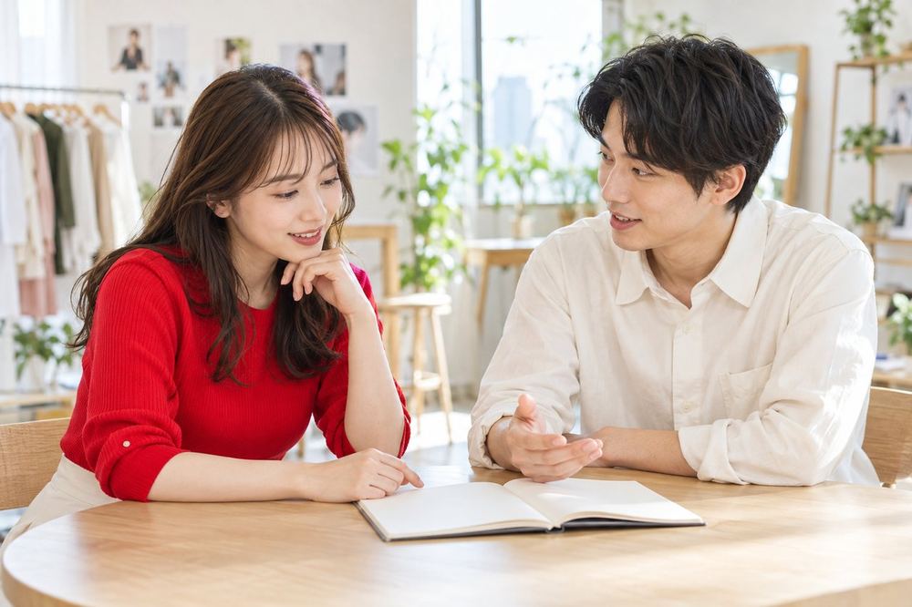 男性と女性が向かい合って座り、配信で視聴者にどう声をかけるかをノートを見ながら話し合っている