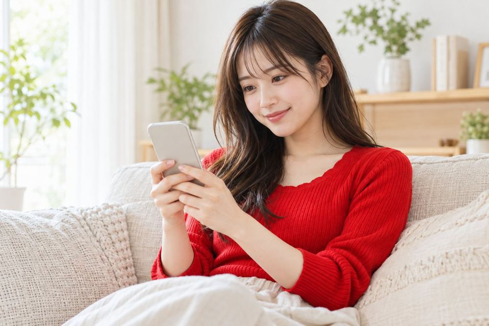 配信を終えたあと、ソファでスマホを手に、録画された自分の配信を見返している20代の女性