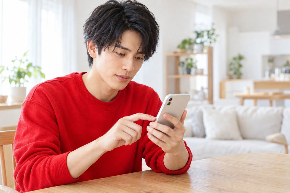 スマホのプロフィール画面からメニューを開いて、録画の一覧を探している20代の男性