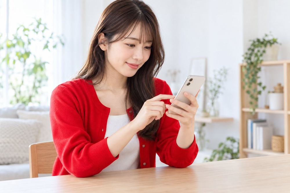 机の前で、スマホの画面を見ながら保存する配信を選んでいる20代の女性