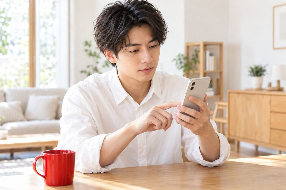 部屋のデスクで、アプリの案内文を一行ずつ指でなぞりながら読んでいる20代の男性